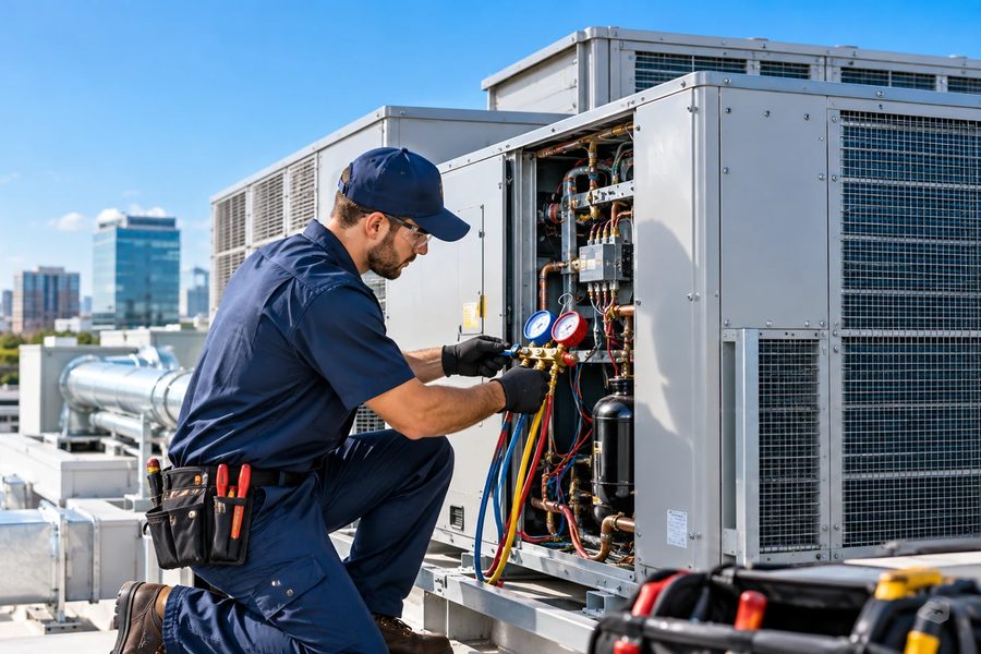 HVAC technician reading refrigerant gauges on a rooftop commercial HVAC unit