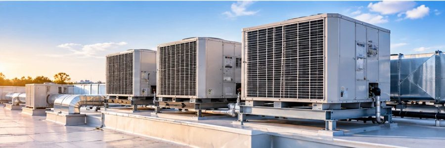 Row of rooftop commercial HVAC condensing units