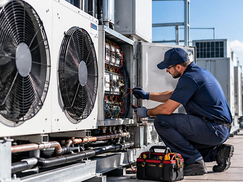 Technician testing the electrical panel of a commercial condenser unit