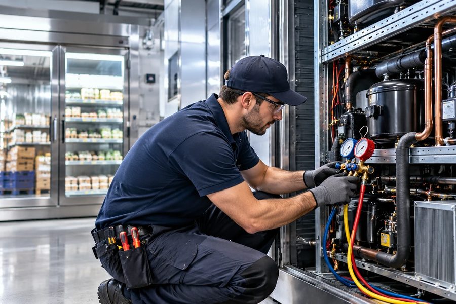 Refrigeration technician checking gauges on a commercial refrigeration rack beside cold storage display cases