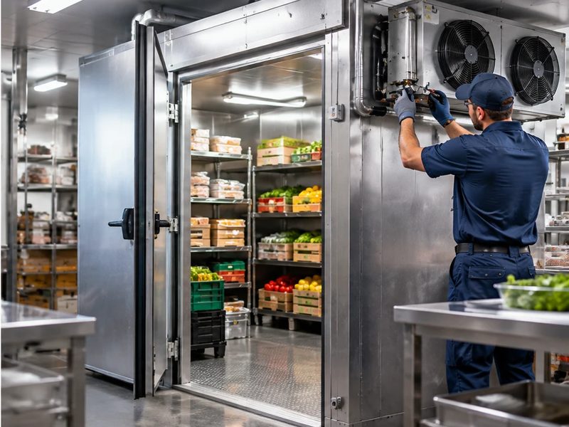 Technician servicing the evaporator unit of a walk-in cooler stocked with produce