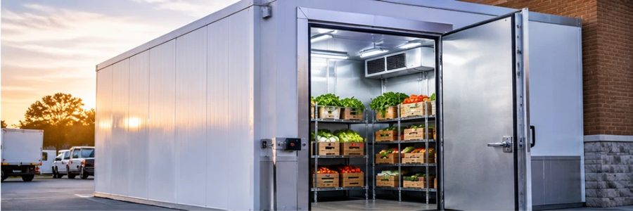 Exterior of a commercial walk-in cooler with the door open